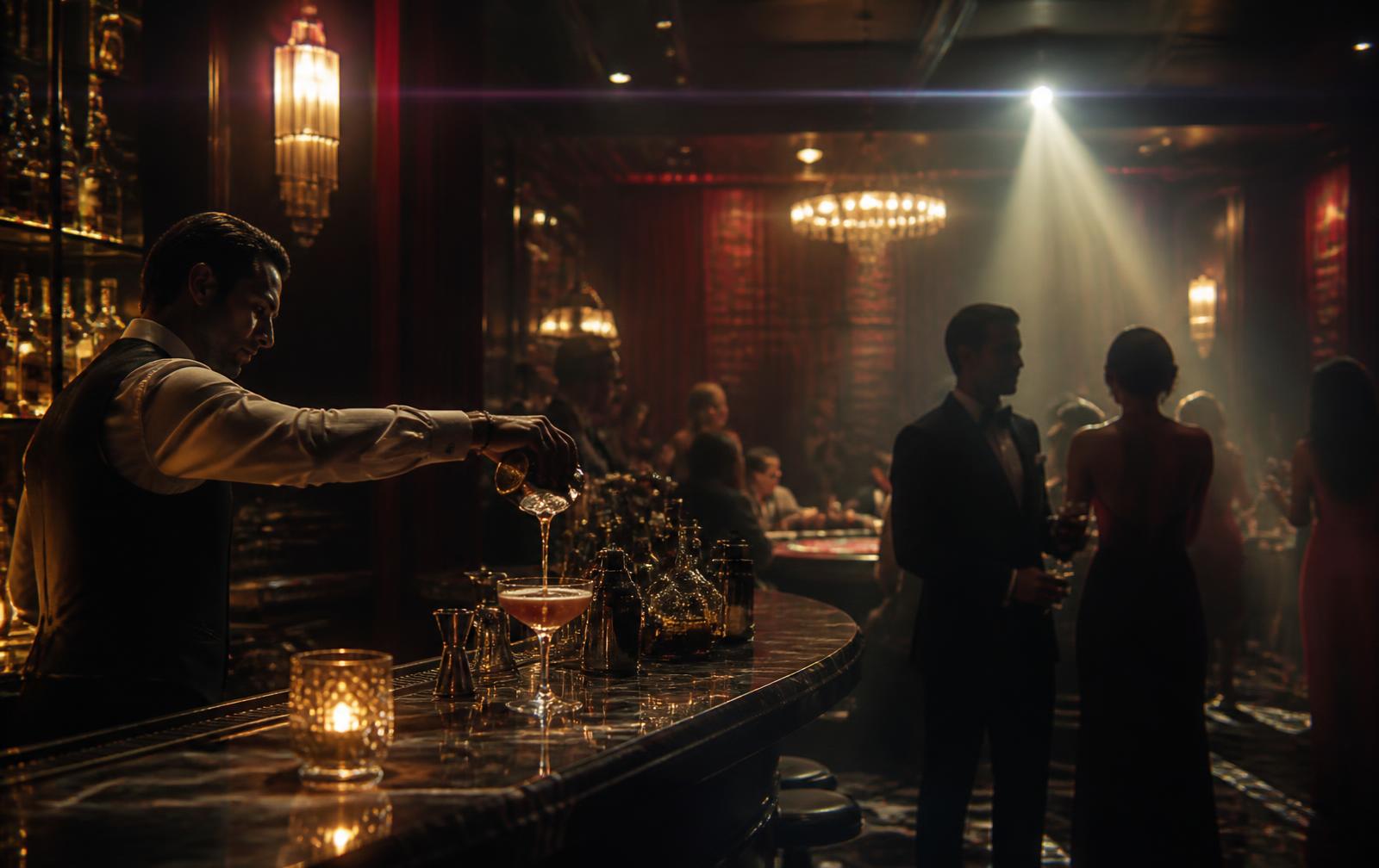 Bartender e ospiti durante l'after dinner in un club privato
